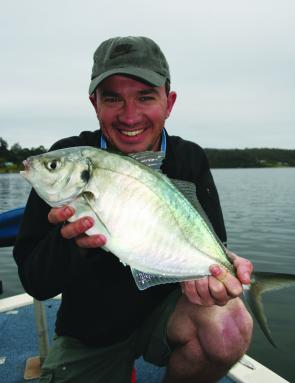 James with a thumping South Coast trevally. At this size they certainly know how to pull on light braid.